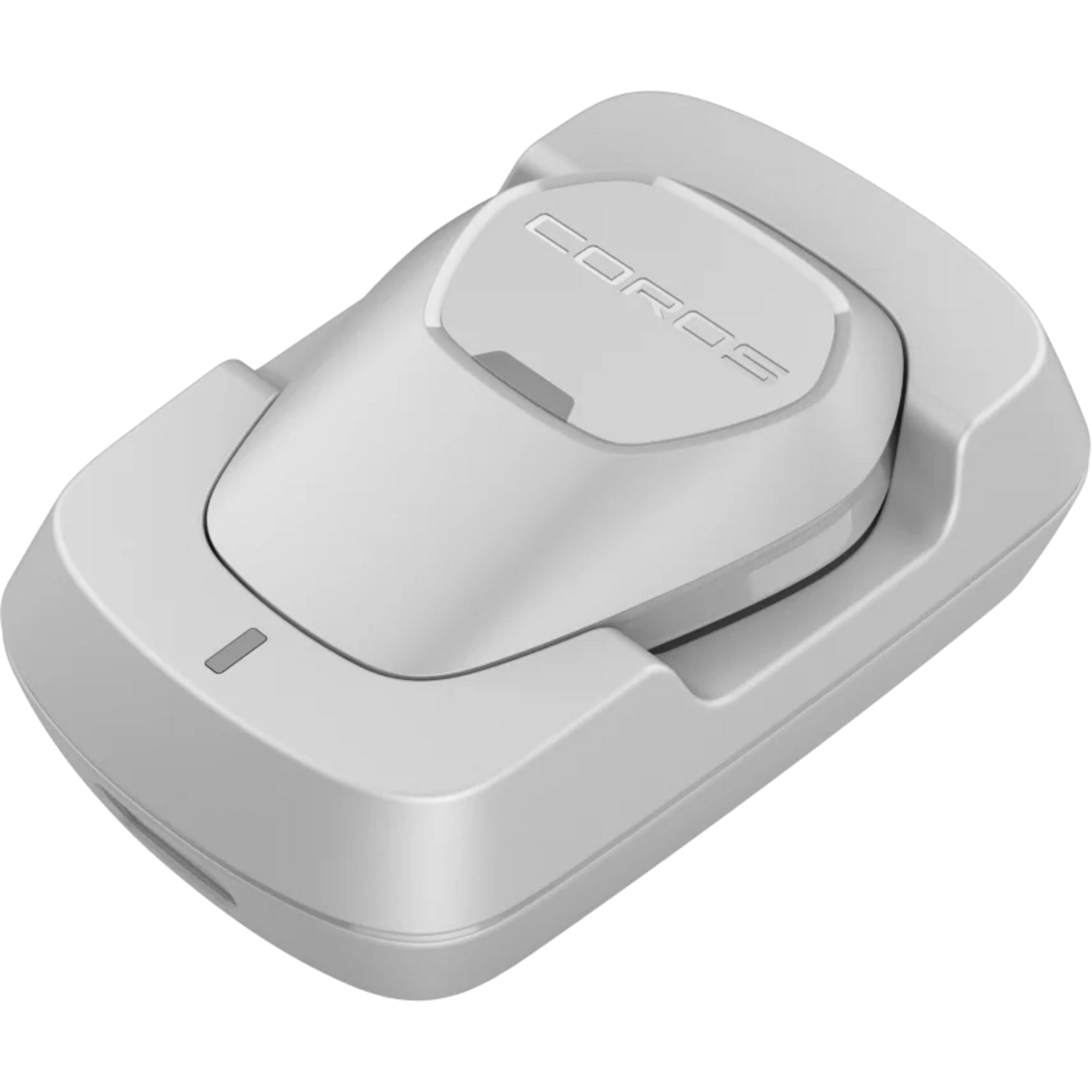 Coros POD 2 running sensor in charging dock, showing real-time pace and running form metrics for athletic training.