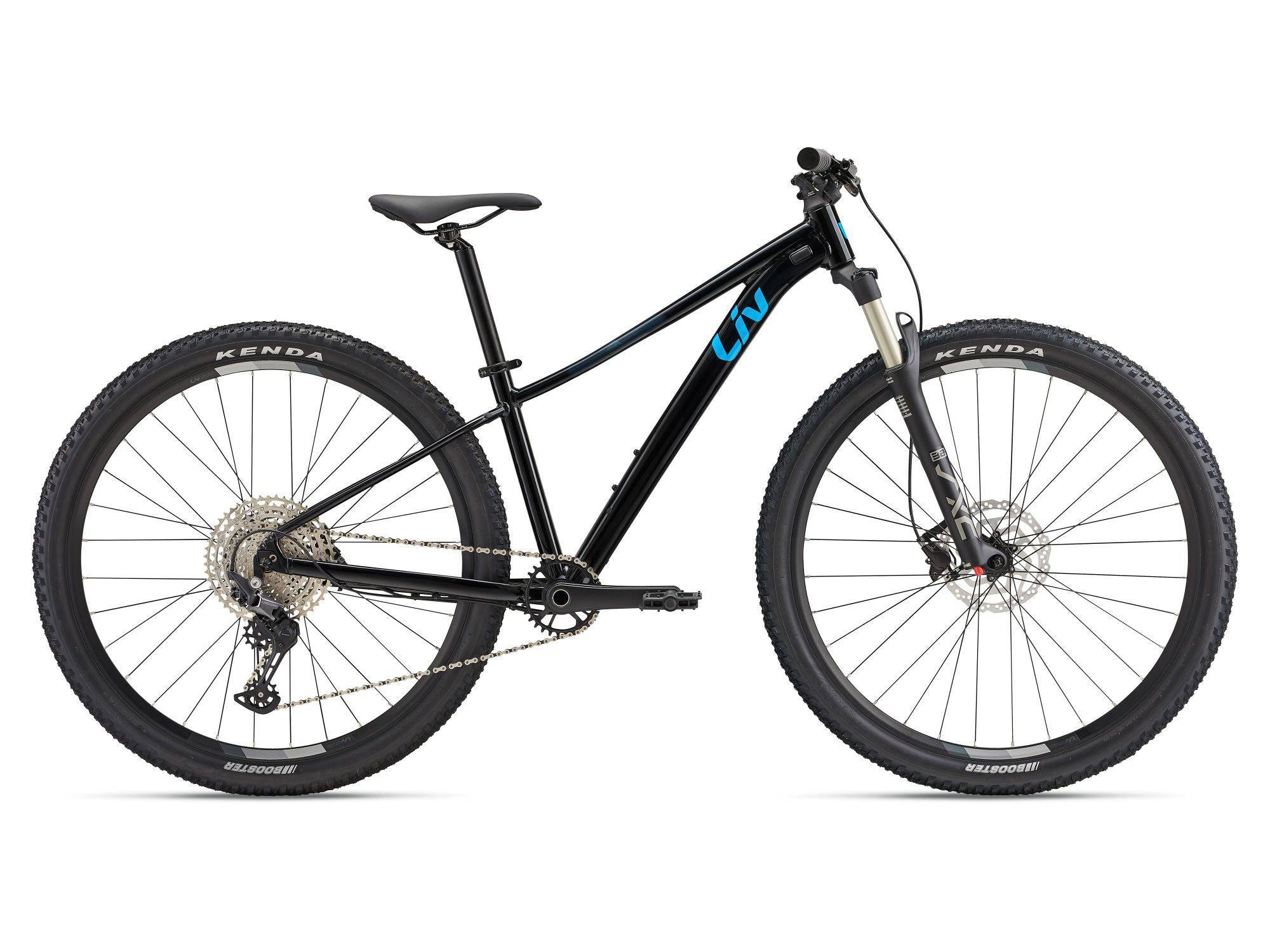 Liv Tempt 0 2024 women's mountain bike with Shimano Deore M6100 groupset and disc brakes, shown with sleek frame and knobby tires.