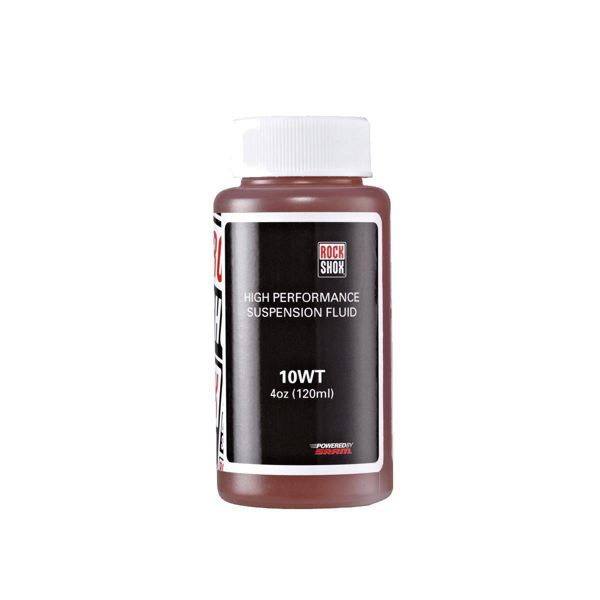 RockShox suspension oil 120ml bottle for fork lubrication and maintenance, shown on workshop workspace, with tools nearby.