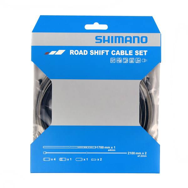 Shimano road gear cable set with stainless steel inner wire and black outer casing for smooth shifting.