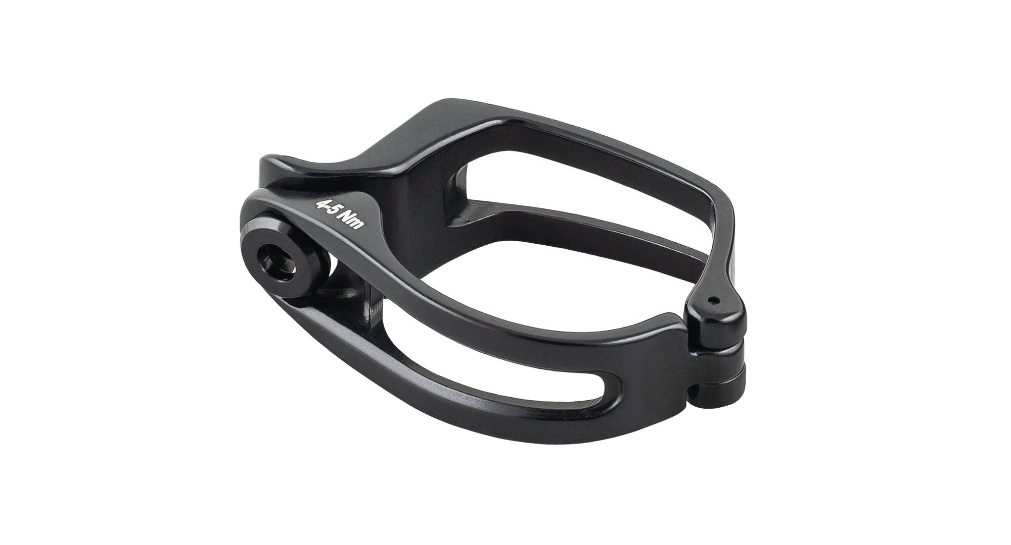 Trek Domane+ LT bike components, black front derailleur clamp, durable gear clamp for bicycle drivetrain.