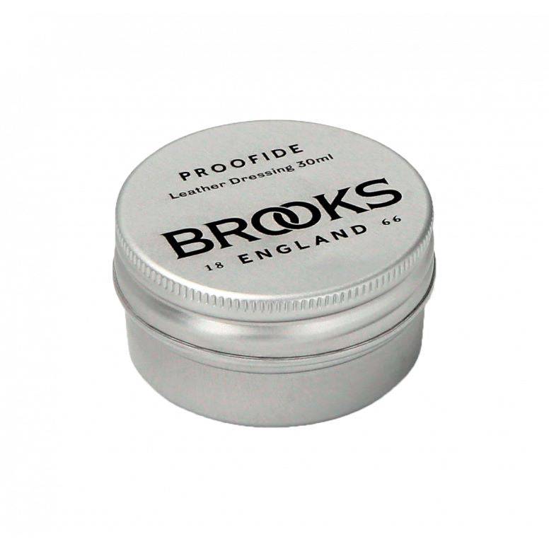 Brooks Proofide Silver leather saddle conditioner and protector 30ml, showing the silver leather bottle and applicator.