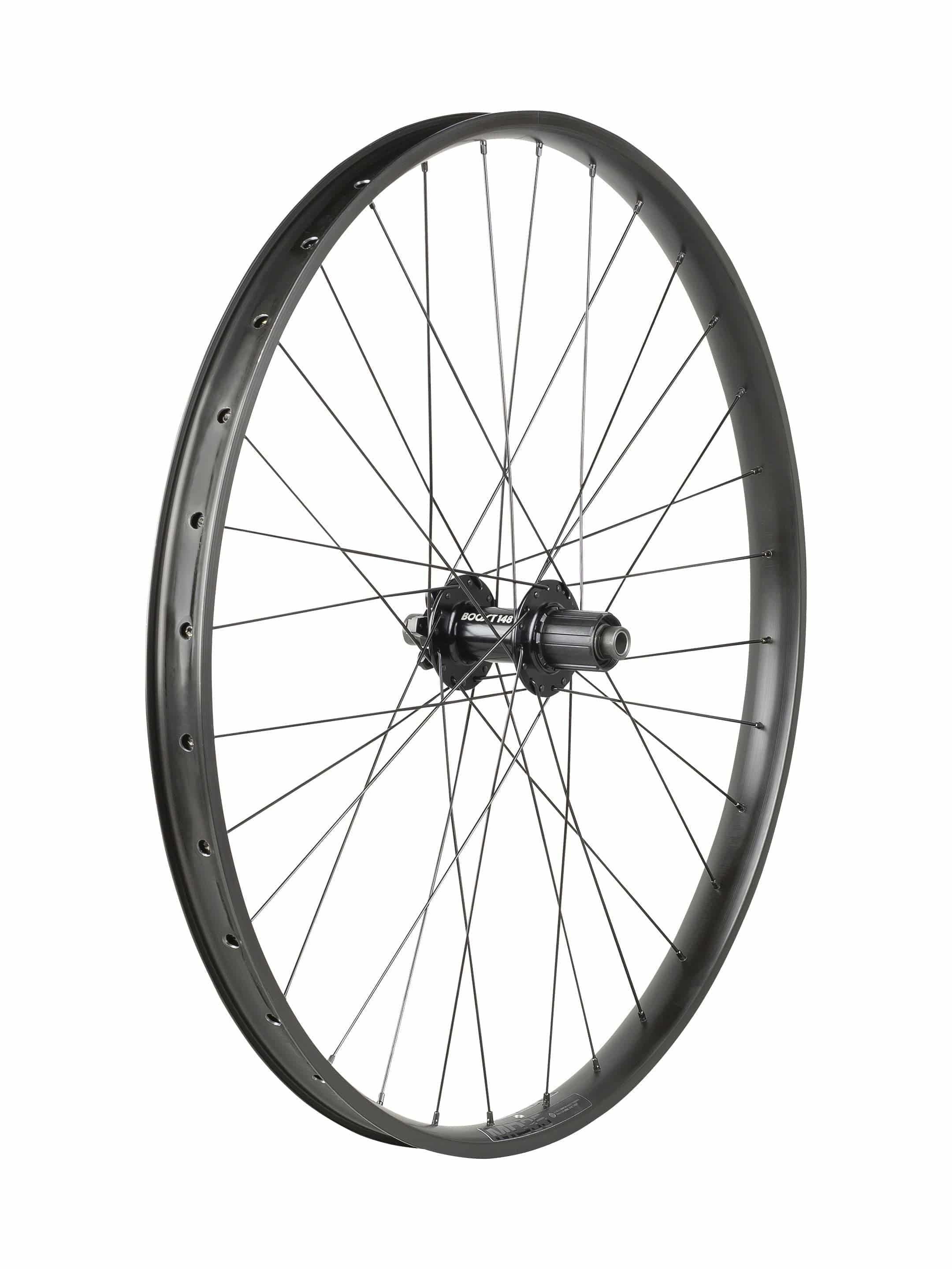 Trek Alex MD35 27.5-inch MTB rear wheel with Shimano HG 8/9/10-speed hub in black and grey, showcasing durable bike components.