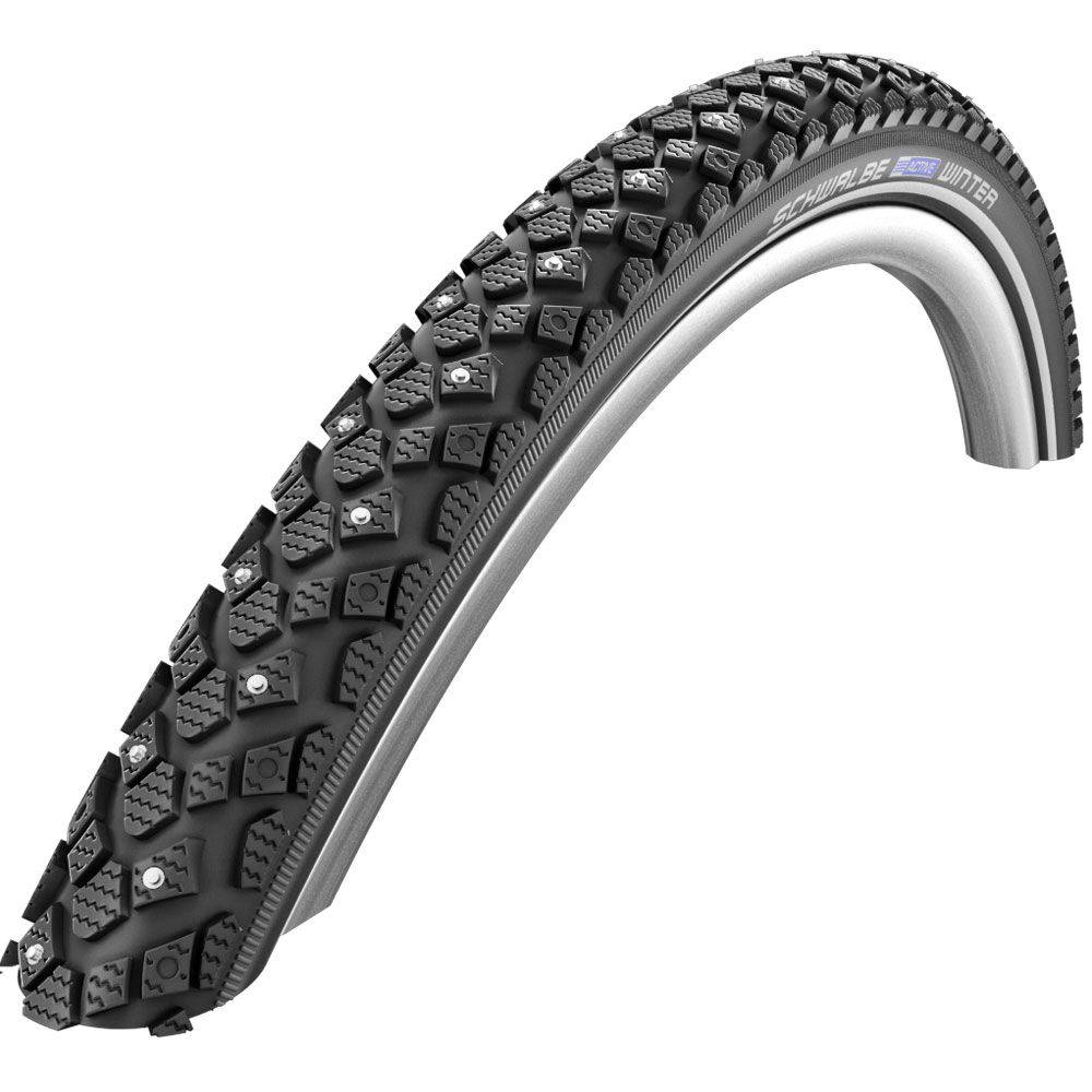Schwalbe Winter K-Guard tyre with 120 spikes and double defense puncture protection, shown in close-up view.
