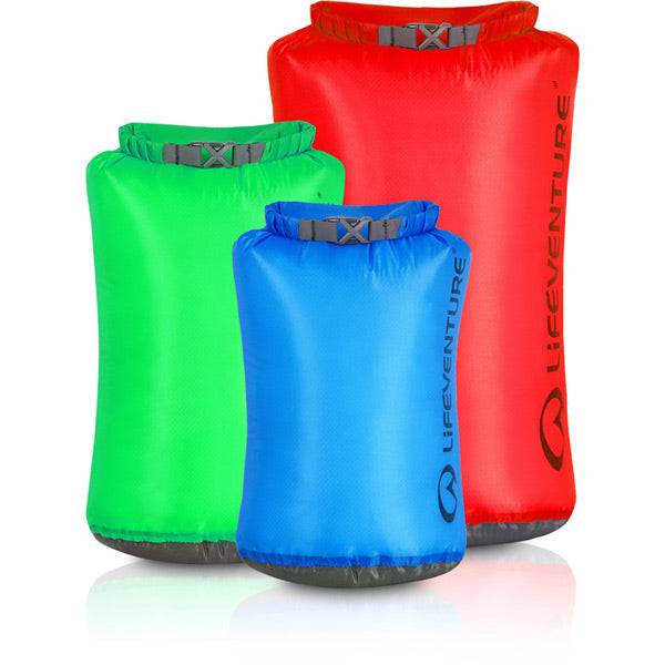 Lifeventure ultralight waterproof dry bag multi-pack with 5L, 10L, and 25L sizes for outdoor gear protection, shown in the image.