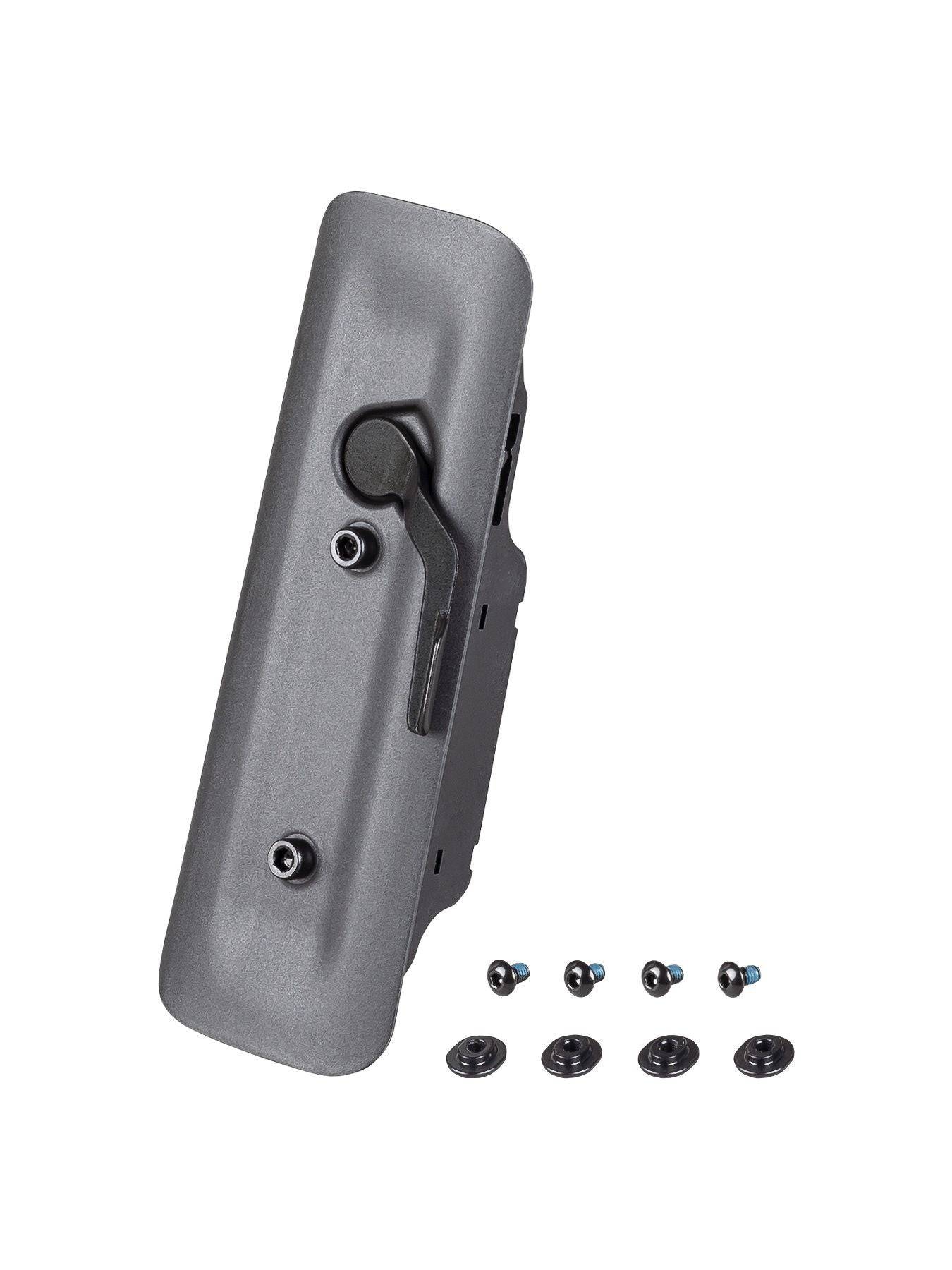 Trek Fuel EX black downtube storage door assembly attached to a carbon frame, designed for bike component protection.