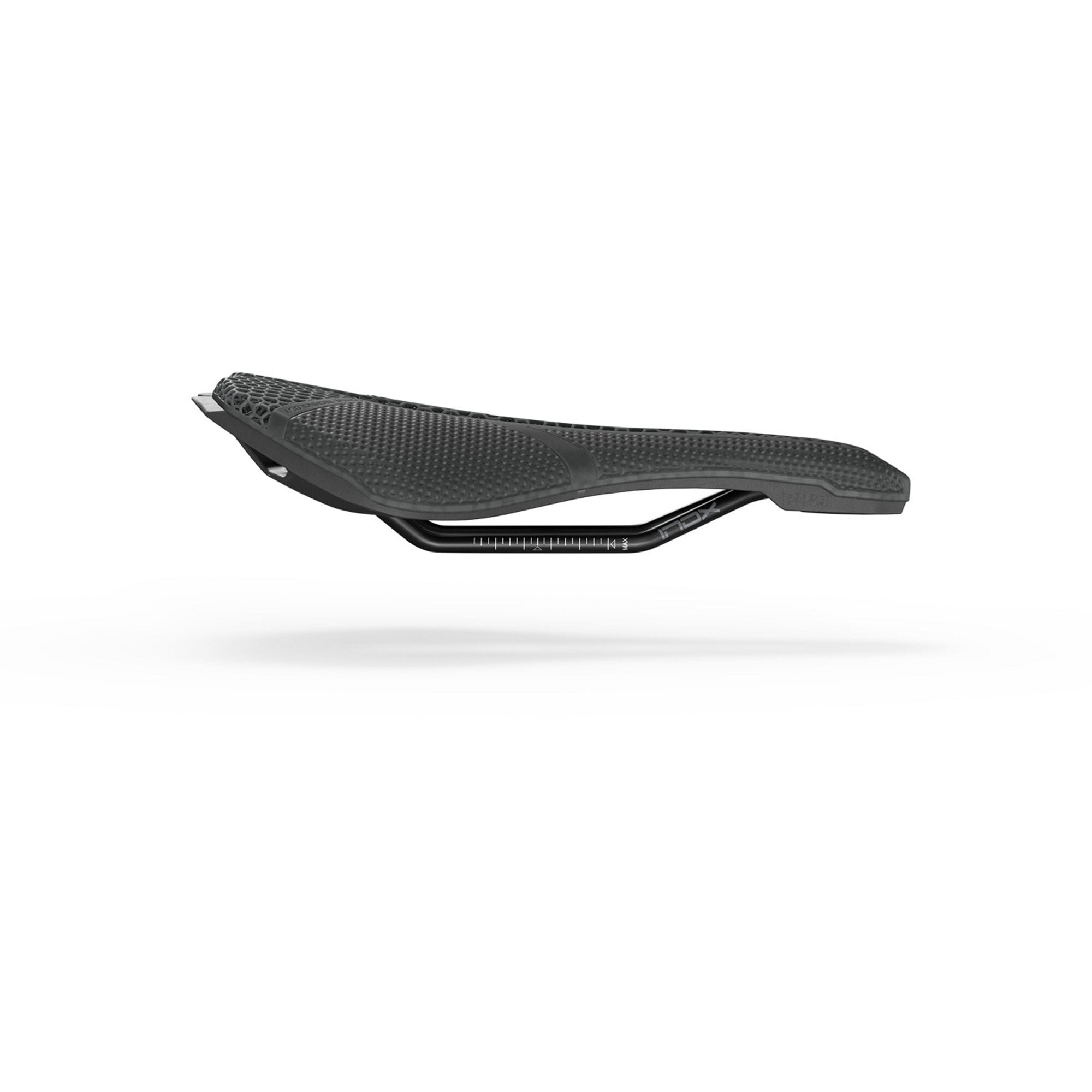 PRO Stealth 3D Performance Road Bike Saddle with anatomic fit and stainless rails, shown from a side angle on the bike.