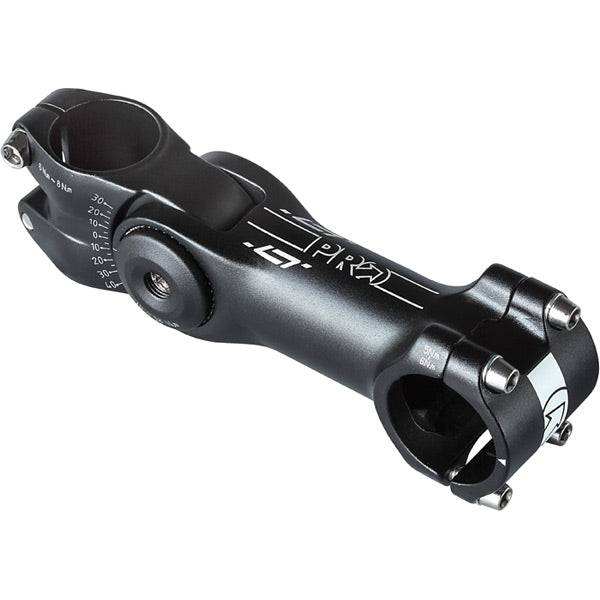 Black PRO Lt Alloy Adjustable Stem with 31.8mm clamp and -30° to +40° angle, designed for bicycle handlebars.