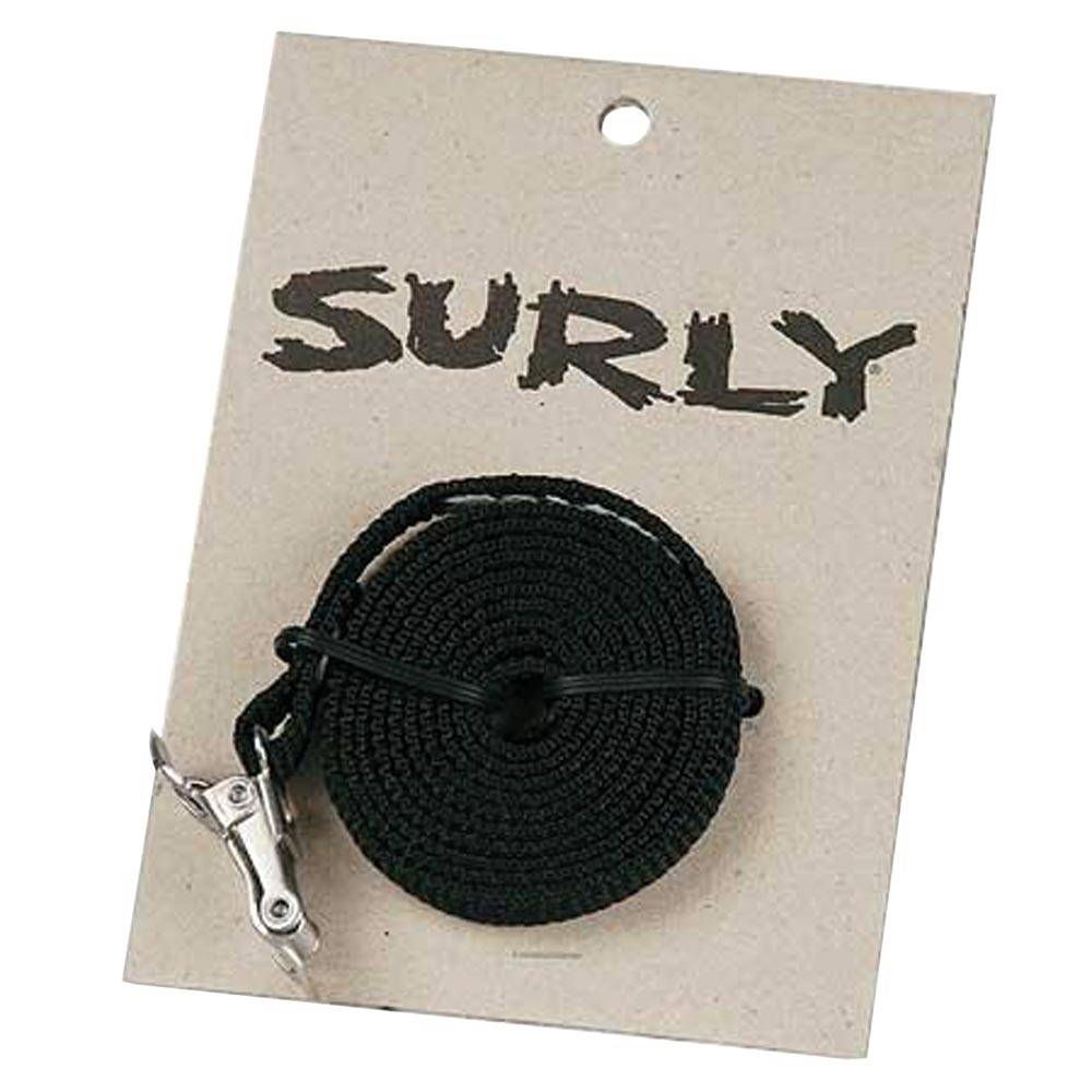 Durable 120cm Surly Junk Strap nylon gear securing strap for bikes, shown coiled with metal buckle and black nylon material.