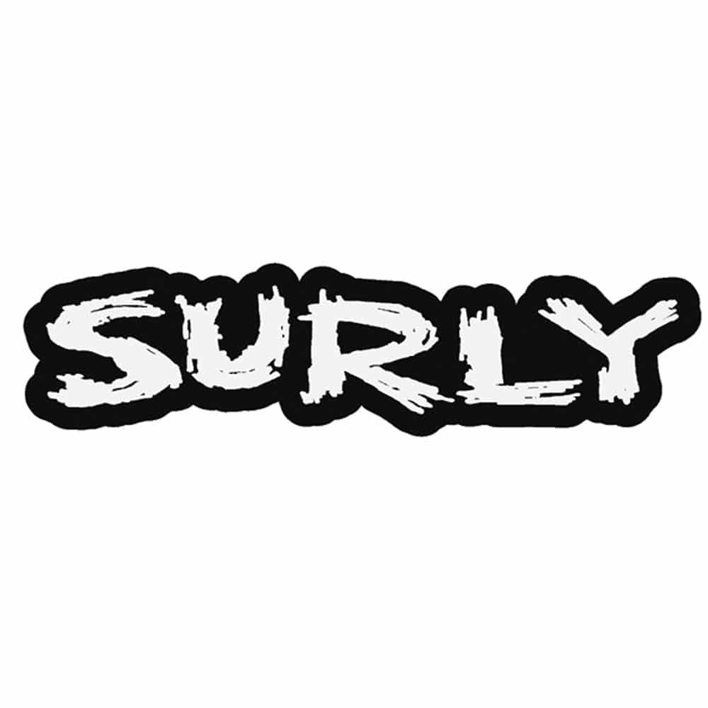 Surly logo stickers for bikes, durable waterproof decals for bike frames, showcasing the Surly brand's design on a product image.