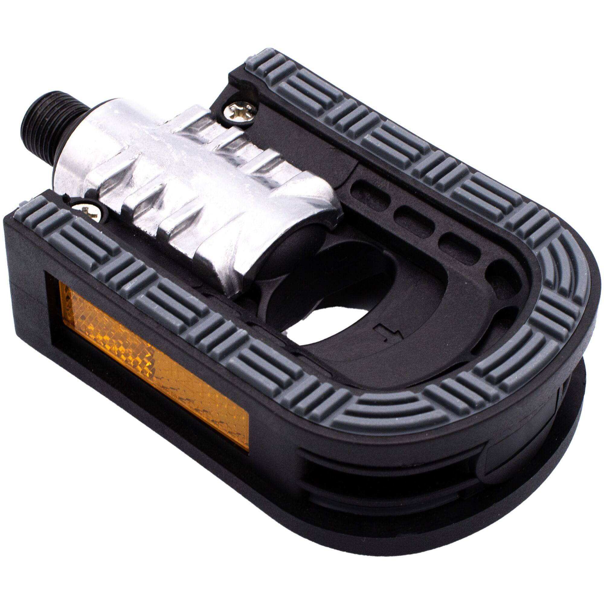 M Part Essential folding bike pedal with non-slip surface and reflectors, featuring a compact design for cycling components.