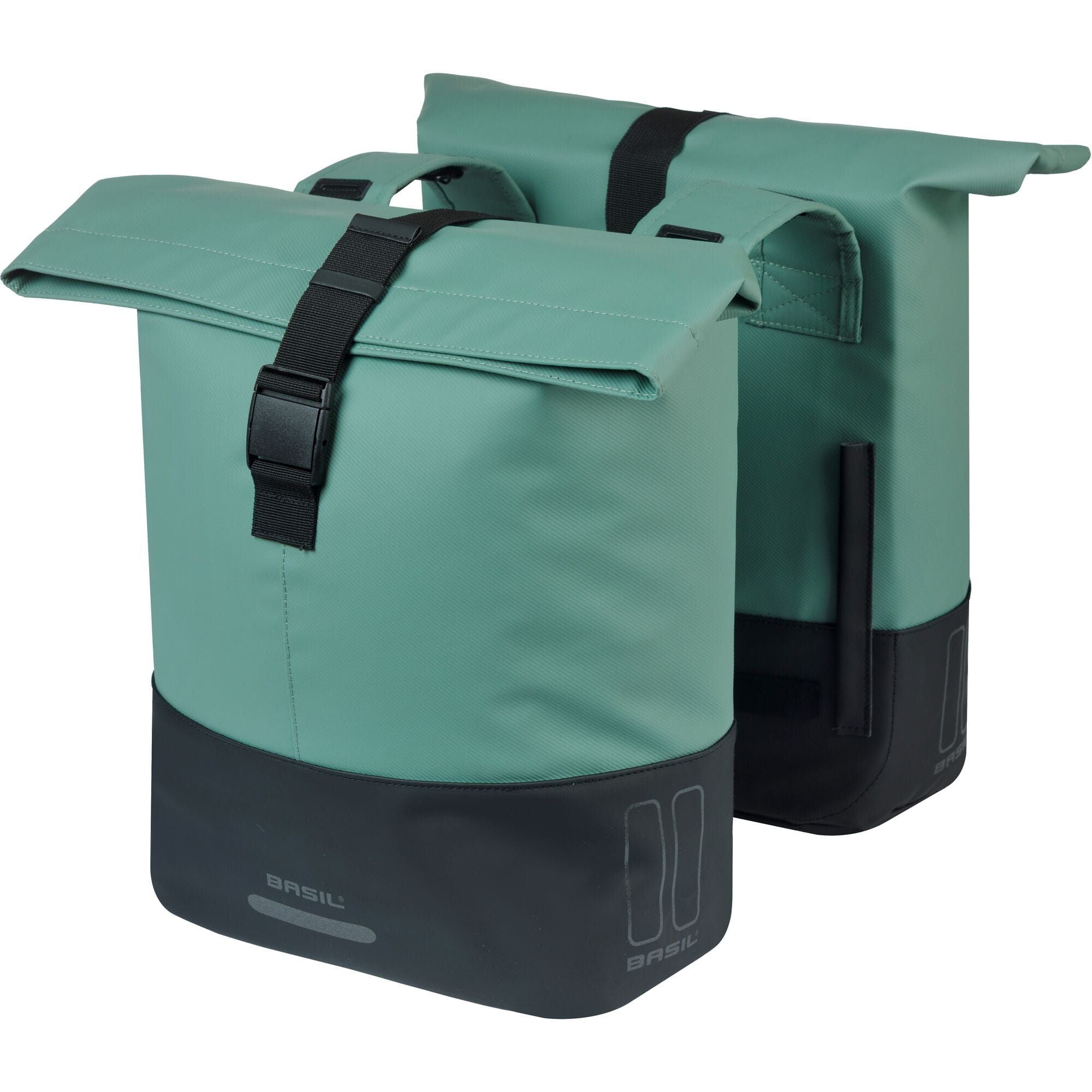 Basil Cove double pannier bag mounted on a bike, water-repellent bike luggage for commuting, in black with reflective accents.