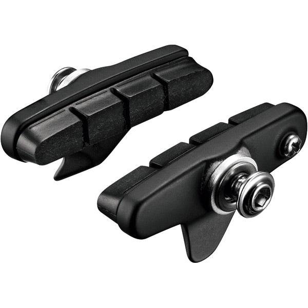Shimano 105 R55C4 cartridge brake shoes for alloy rim calipers, pair of components for bike braking system.