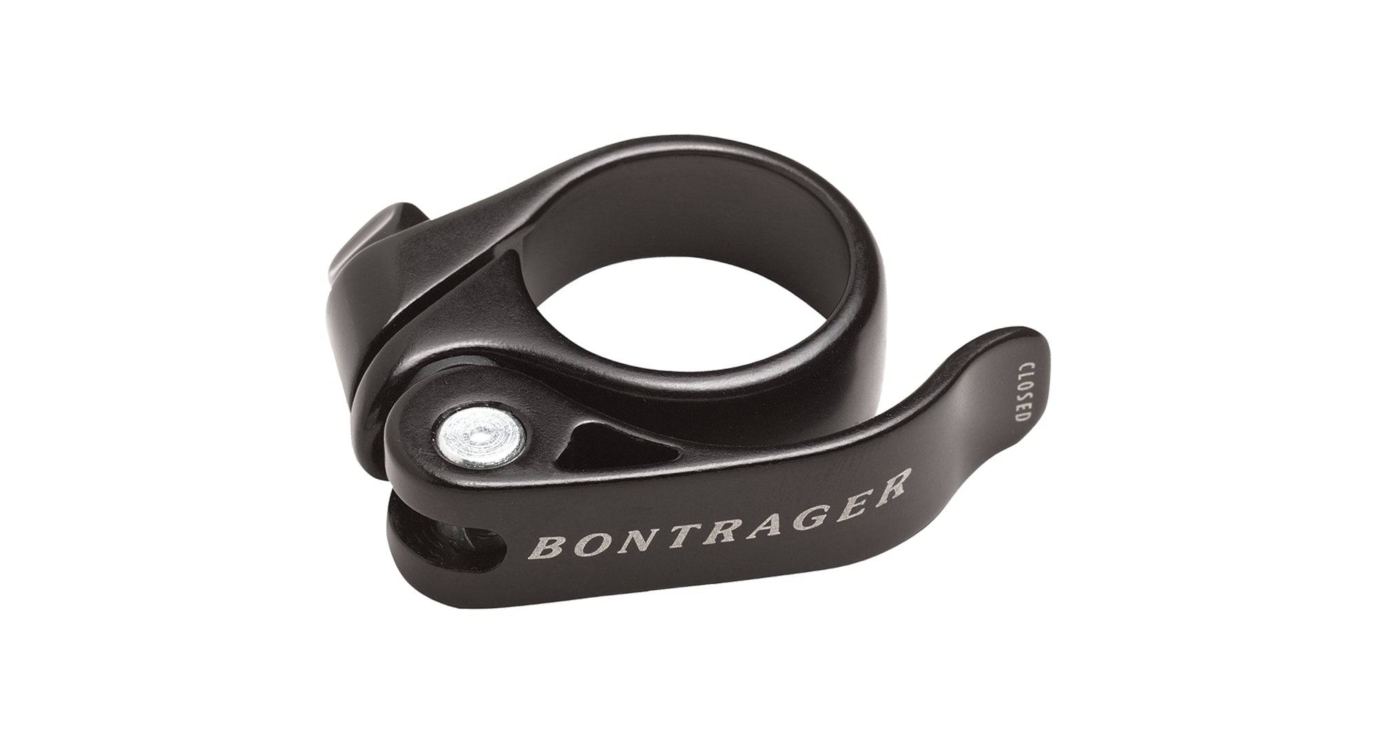 Bontrager quick release seatpost clamp with laser-etched torque guide, showing the clamp and accessories for bike components.