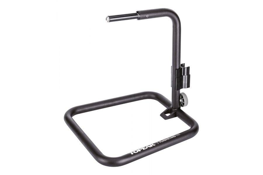 Topeak Flashstand MX black foldable bike stand supporting hollow spindle cranksets, ideal for bicycle storage and maintenance.
