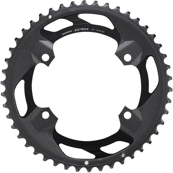 Shimano GRX FC-RX600 11-speed double chainring, 46T outer, for 46-30T gravel bike drivetrain, with visible teeth and brand logo.