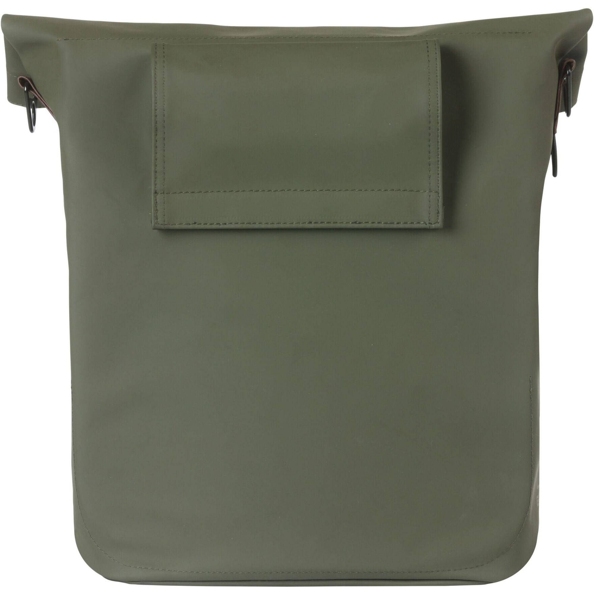 Basil City Bicycle Shopper Bag in moss green with reflective details and hook-on system, designed for bike accessories.