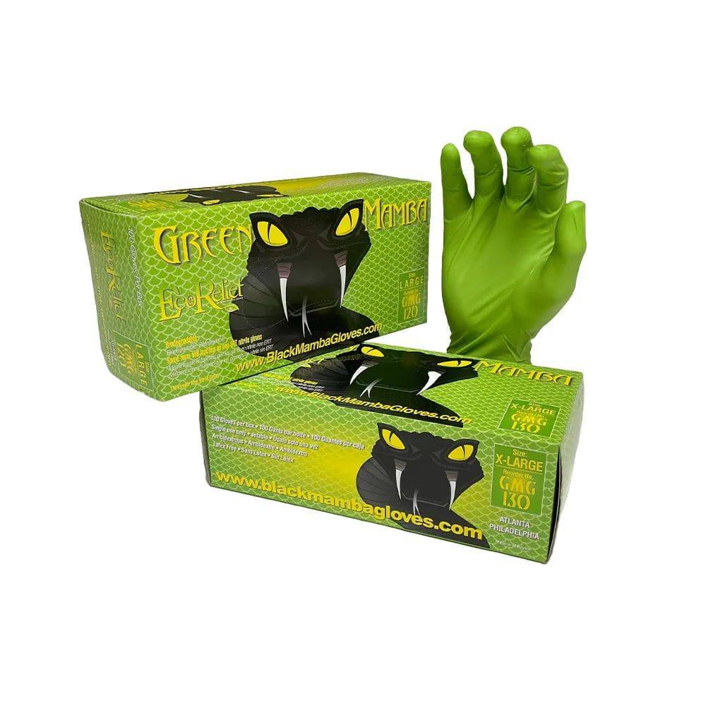 Black Mamba Green Mamba biodegradable nitrile gloves with grip finish and touchscreen compatibility, shown in image.