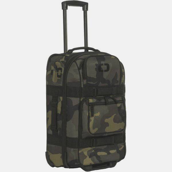 OGIO ONU-22 pannier bag with weather-resistant fabric, skate wheels, and expandable design for versatile accessories storage.