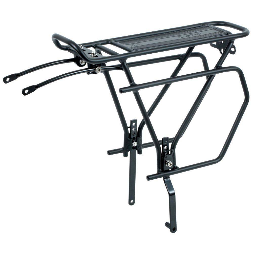 Zefal Raider R70 rear bike rack compatible with disc and traditional brakes, shown mounted on a bicycle for carrying accessories.
