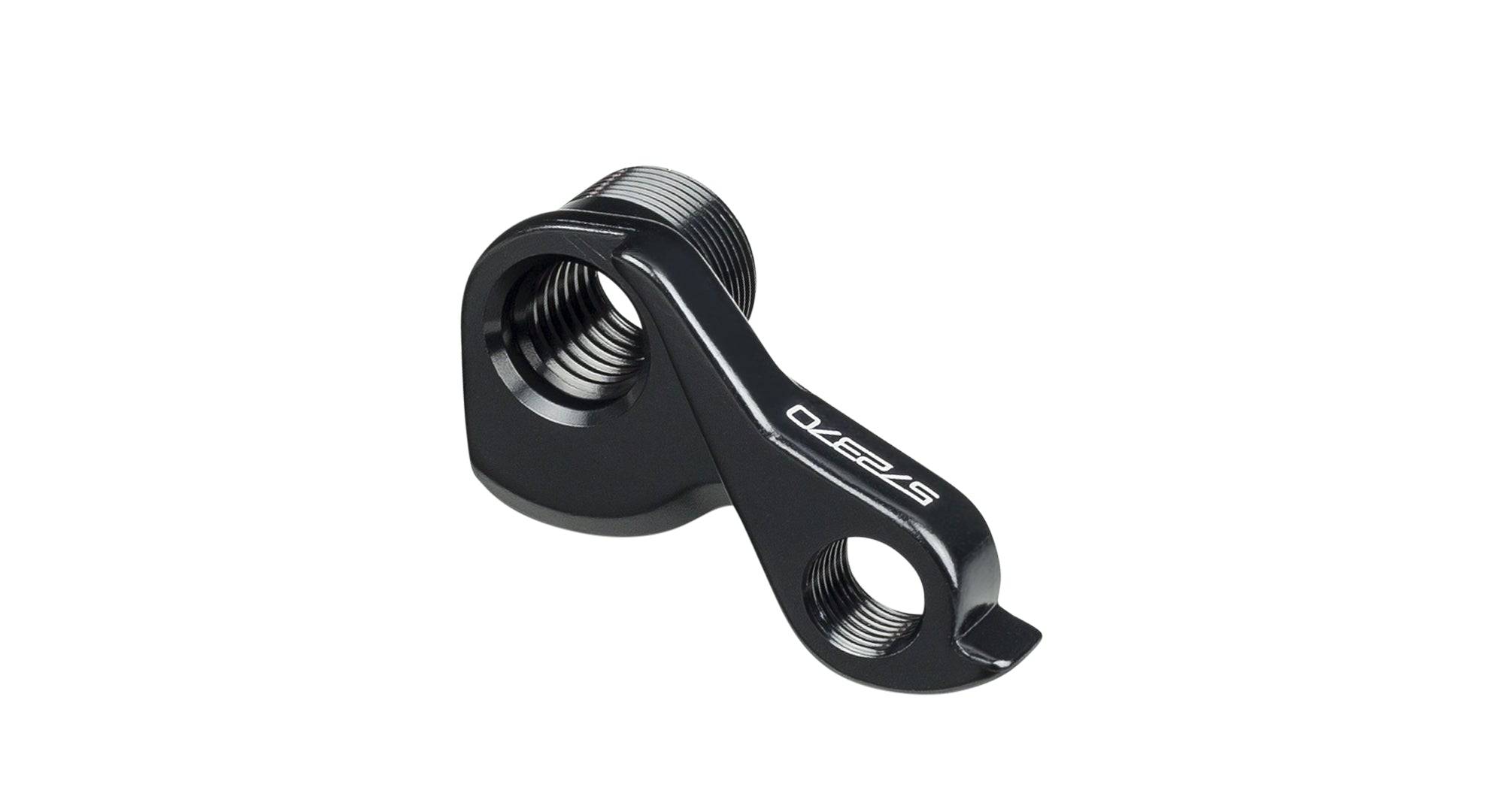 Trek hardtail bike rear derailleur hanger in black with 142x12mm thru axle, rear drive side component for bike maintenance