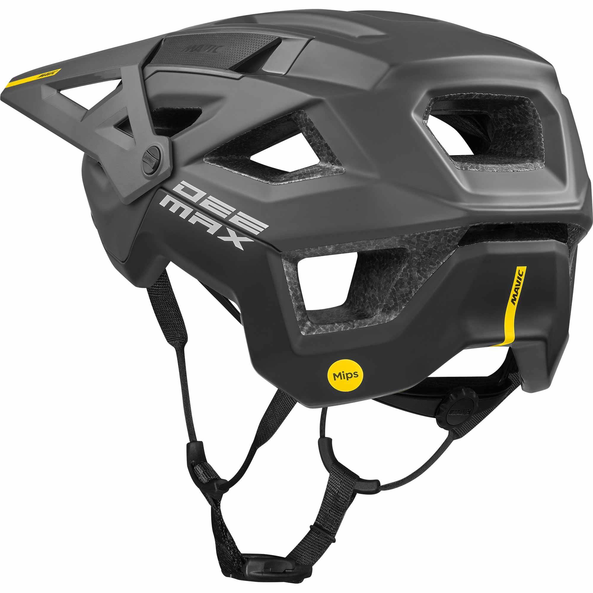 Mavic Deemax MIPS mountain bike helmet showing aerodynamic design, ventilation vents, and secure strap system.
