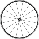 Shimano WH-RS300 700c front clincher wheel with 100mm quick release, black bicycle wheel component for road bikes.