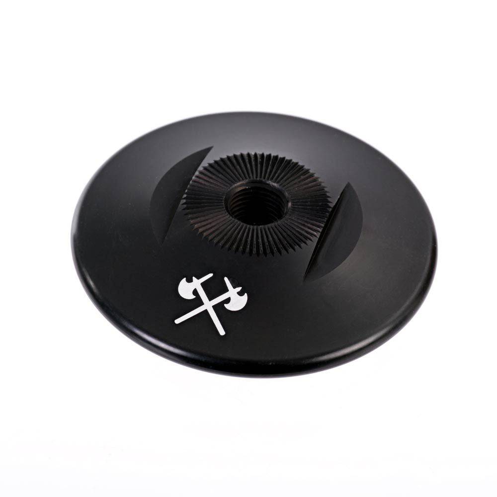 Demolition BMX front hub guard, durable spare component for BMX front wheels, shown in black with metal construction.