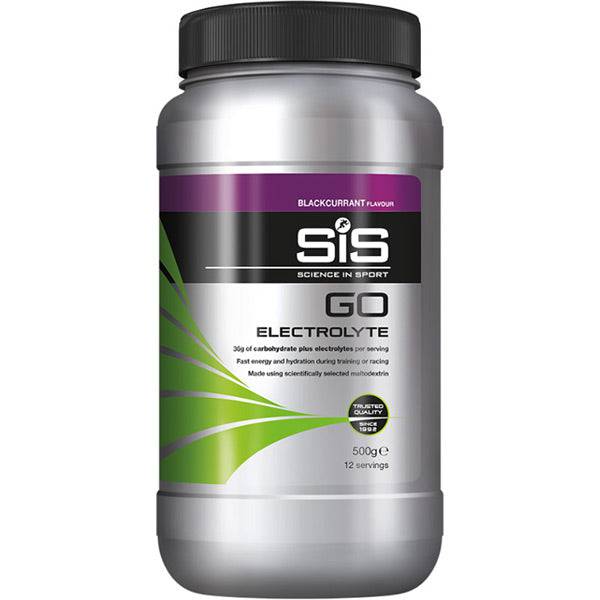 Science In Sport GO electrolyte drink powder in blackcurrant flavor, displayed in a resealable pouch for endurance hydration.
