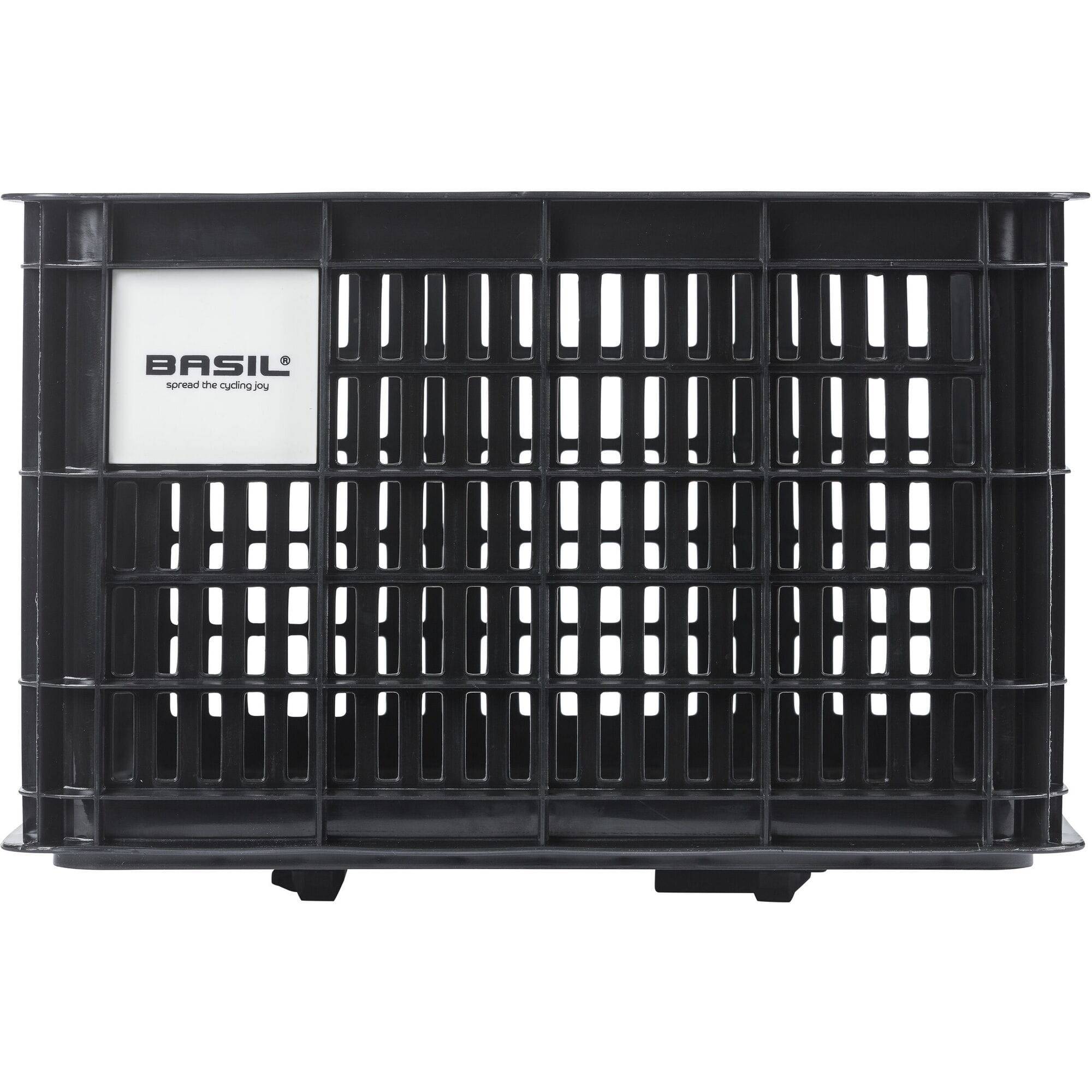 Basil Medium Basil Bicycle Crate MIK 29.5L black recycled synthetic bike basket mounted on a bicycle.