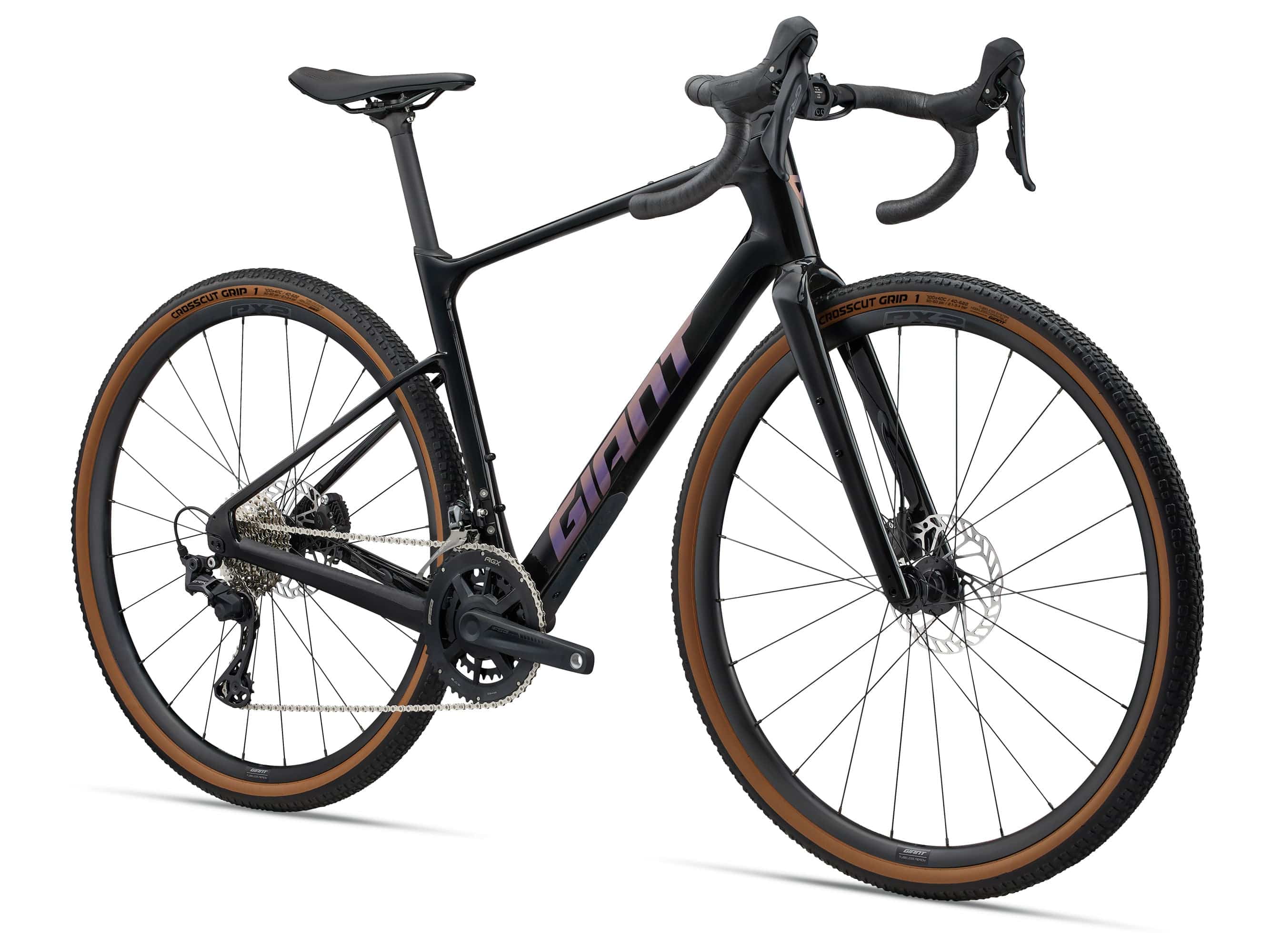 Giant Revolt Advanced 2 gravel bike with adjustable wheelbase and integrated storage setup, featuring a sleek frame and knobby tires.