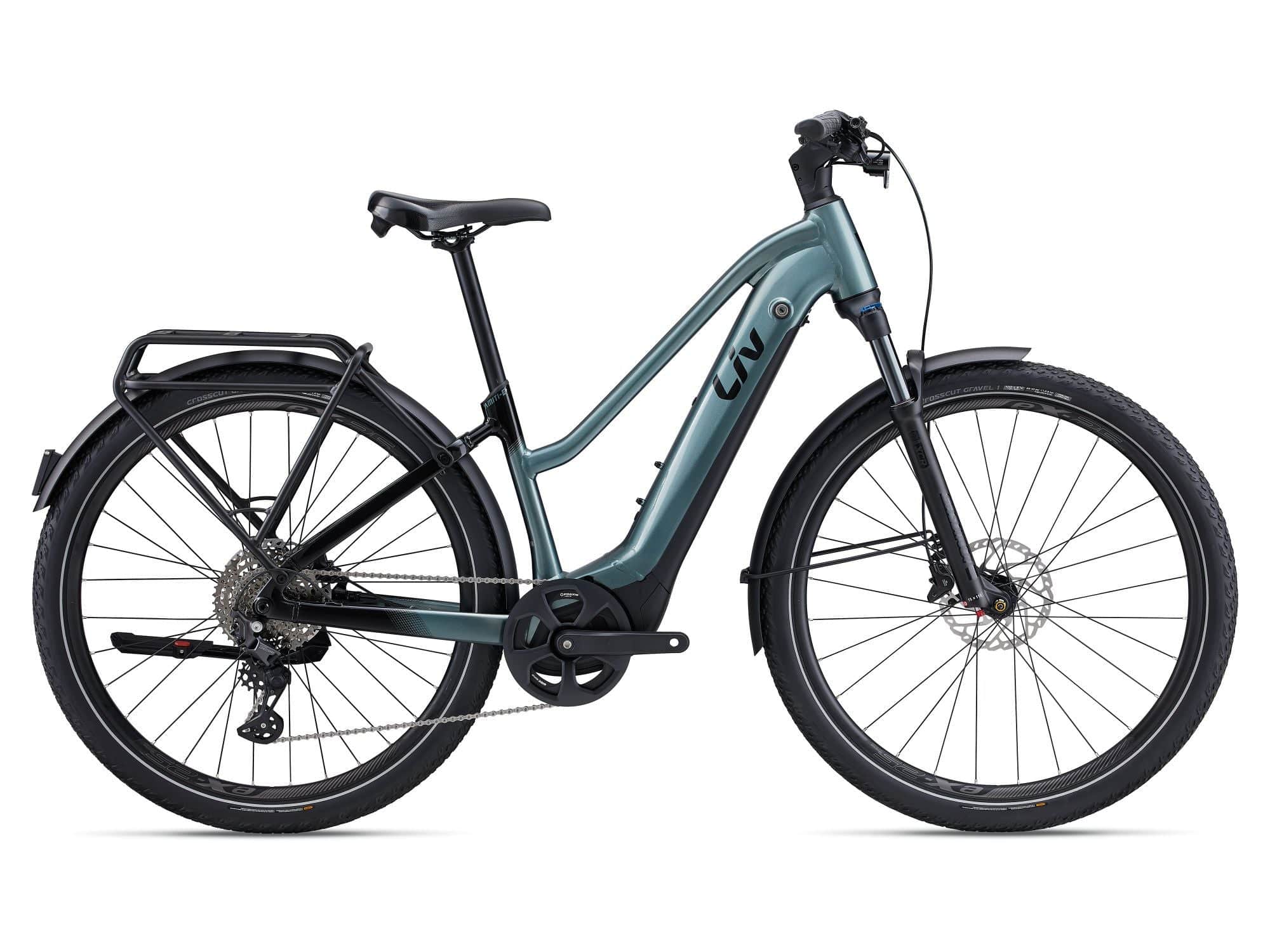 Liv Amiti E+ Pro 2023 women's hybrid e-bike with Shimano Deore Linkglide system, featuring a sleek frame and advanced electric assist system.