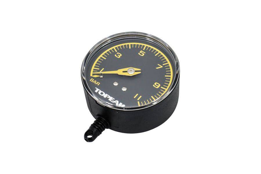 Topeak Spare Gauge for JoeBlow Sport III pump, black and yellow replacement accessory, showing close-up of the gauge and pump connection