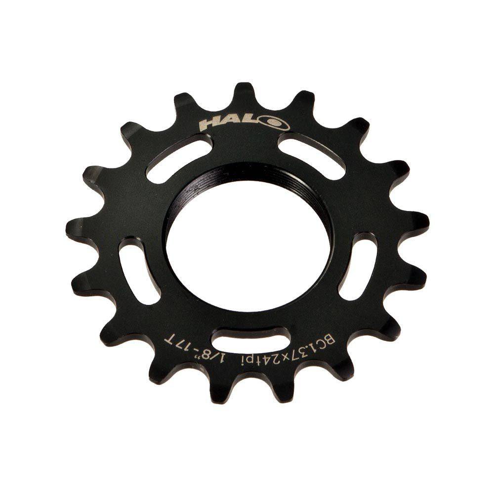 Halo Track Sprockets 1/8" fixed gear track cog made of CNC machined Cr-Mo steel, designed for high-performance cycling components.