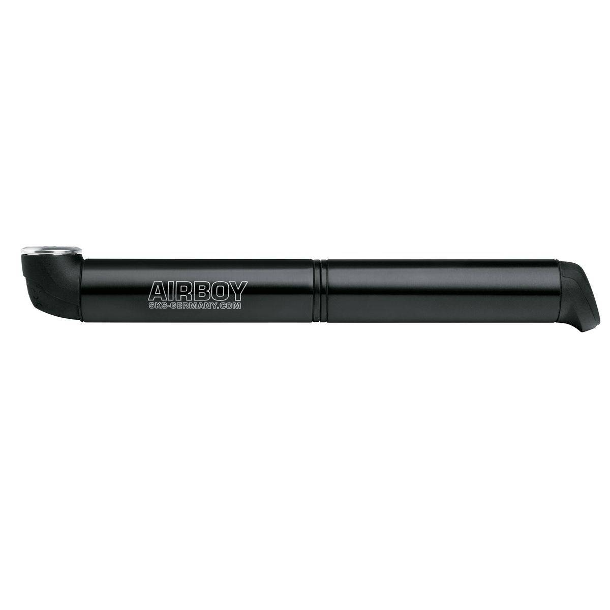 Black SKS Airboy Mini Pump with frame mount, compact bicycle pump for Presta valves, designed for easy on-bike inflation.