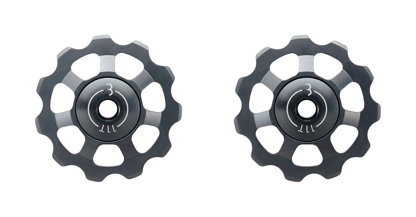 BBB BDP-21 AluBoys 11T grey jockey wheels for Shimano, SRAM, Campagnolo components, featuring lightweight aluminum construction.