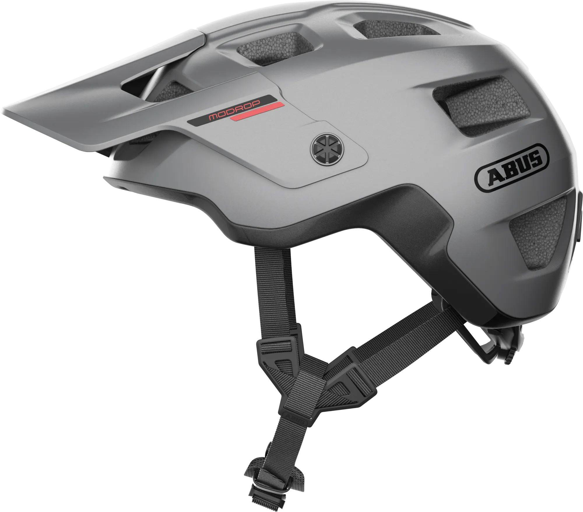 ABUS MODROP mountain bike helmet with adjustable visor and secure fit system, showcasing the helmet's ventilation and strap details.