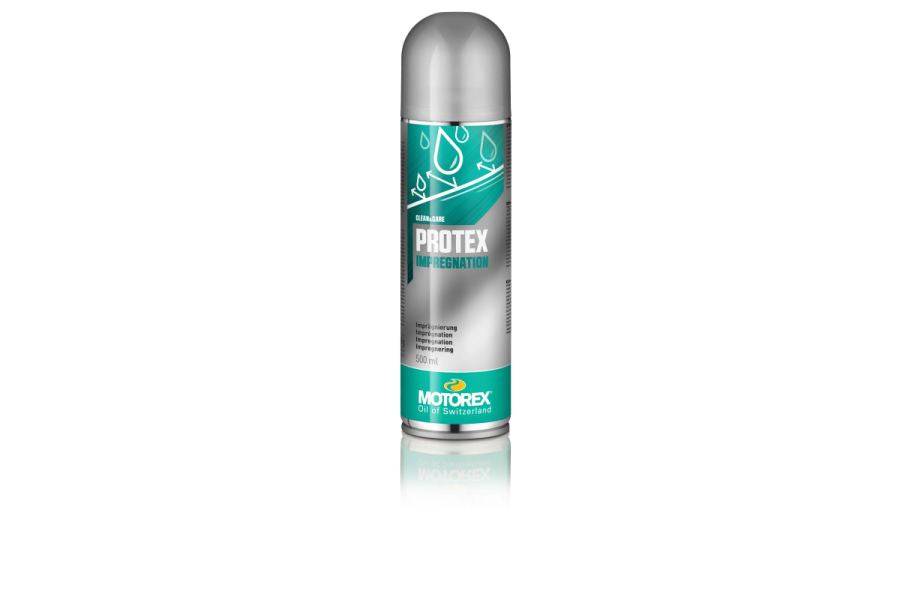Motorex Protex Spray Silver/Green 500ml, water and oil repellent for leather, textile, and microfiber gear, workshop use.