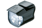 Topeak Whitelite Race black front bike light with two LEDs and CR2032 batteries, mounted on a bicycle handlebar.