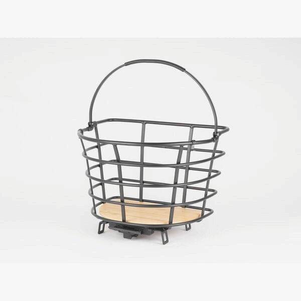 AtranVelo Epic Curve AVS bike basket with bamboo base, 24.5L capacity, mounted on a bicycle for carrying essentials.