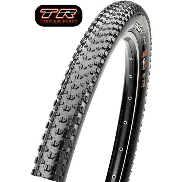 Maxxis Ikon tubeless-ready cross-country racing mountain bike tyre with EXO protection, shown mounted on a bike wheel.