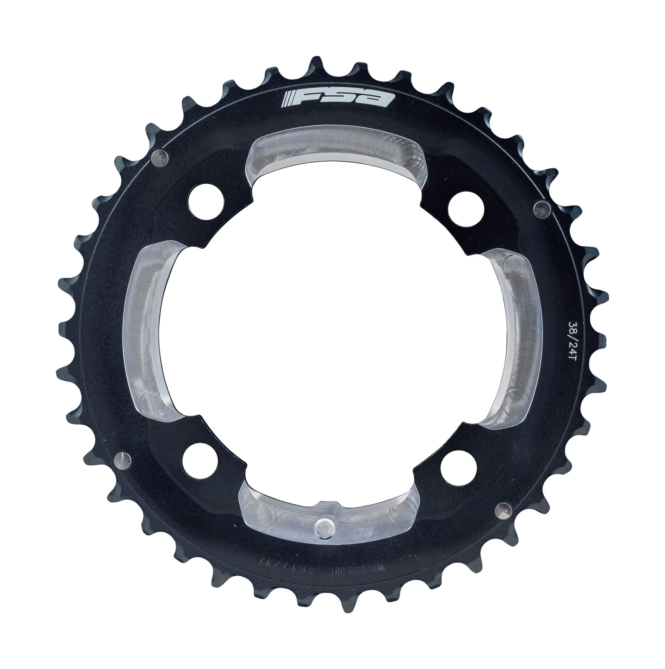 FSA Pro MTB 2x10 chainring in black with 104x38T teeth, CNC machined, 4-hole fit, 12mm pin for durable mountain bike components