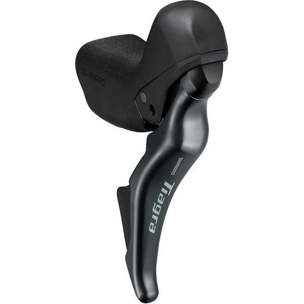 Shimano Tiagra ST4725 10-speed road shifters with hydraulic disc brakes, close-up of ergonomic handlebar controls and gear levers.