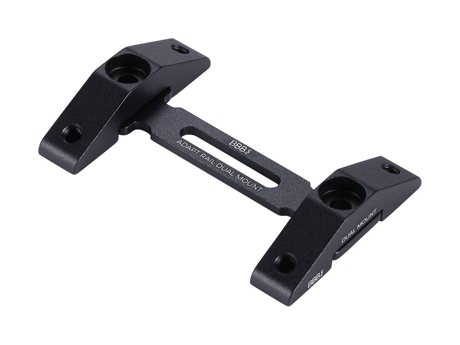 BBB BBC-113 DualMount bracket for AdaptRail and MiniRail bike bottle cages, shown mounted on a bike frame.