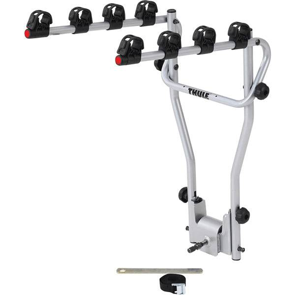 Thule HangOn 4-bike towball carrier with tilt function and lock options, showing the carrier mounted on a vehicle with bikes attached.