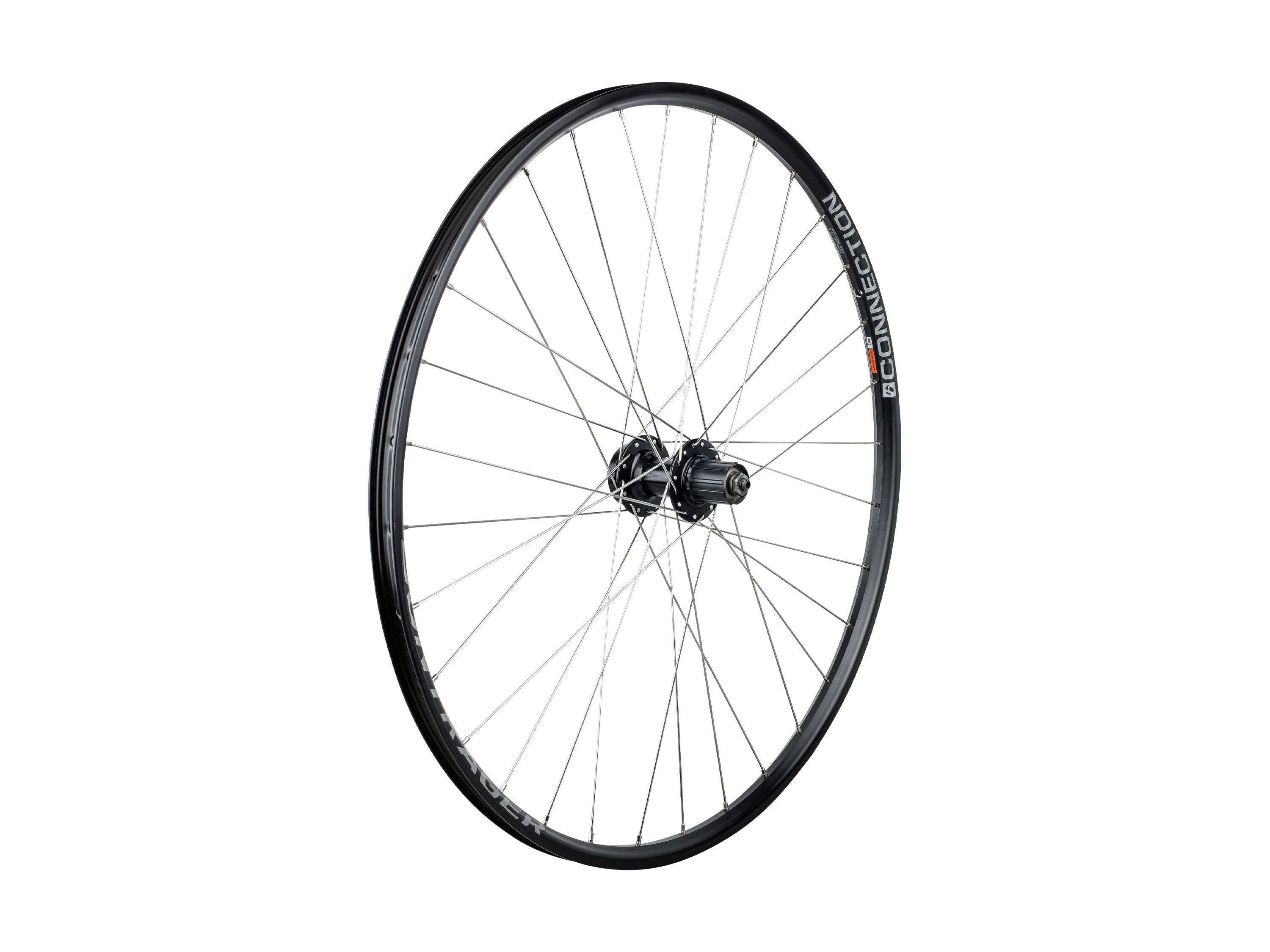 Bontrager 700C rear mountain bike wheel with 6-bolt disc brake, black 32H rim, and durable component design.