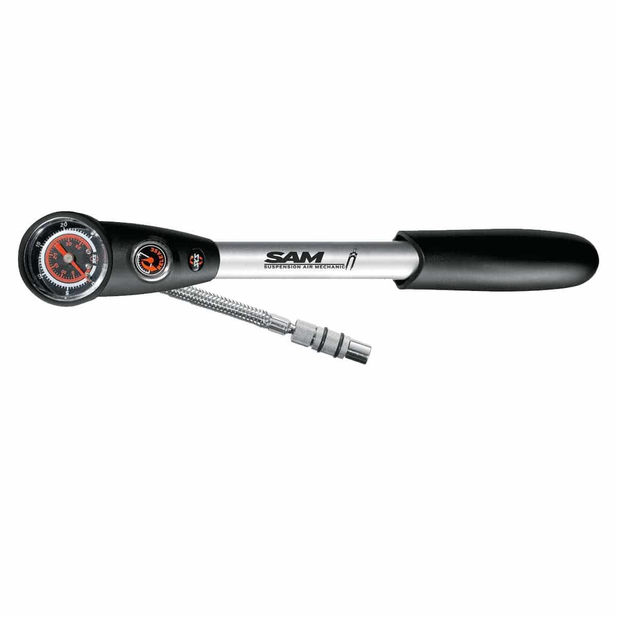 SKS S.A.M. Suspension Shock Pump with pressure-reduction valve for precise bike suspension inflation, shown with gauge and ergonomic handle.