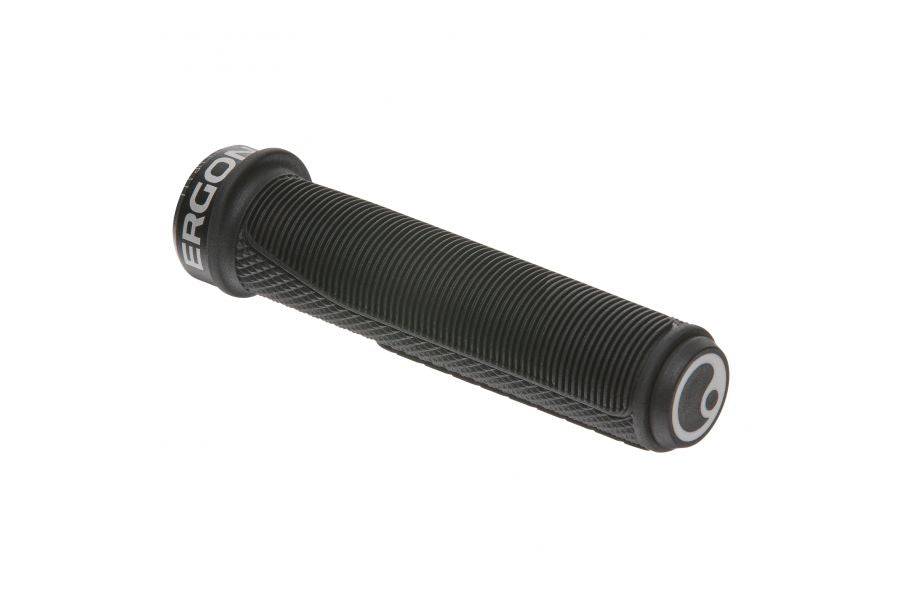 Ergon GFR1 Black MTB grips with high-strength alloy clamps, designed for gravity mountain biking, featuring ergonomic rubber grips.