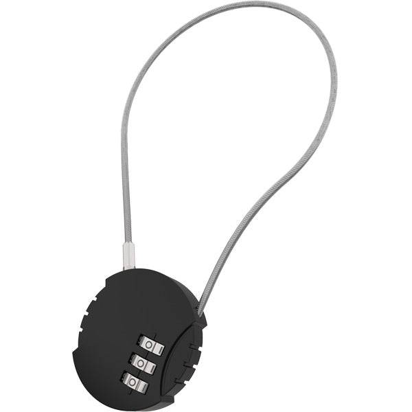 Urban Iki front seat wire lock with combination code securing a child bike seat, durable metal design for bike safety.