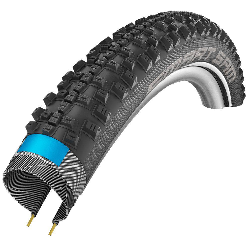 Schwalbe Smart Sam Addix Performance MTB tire showing tread pattern for road and off-road traction.